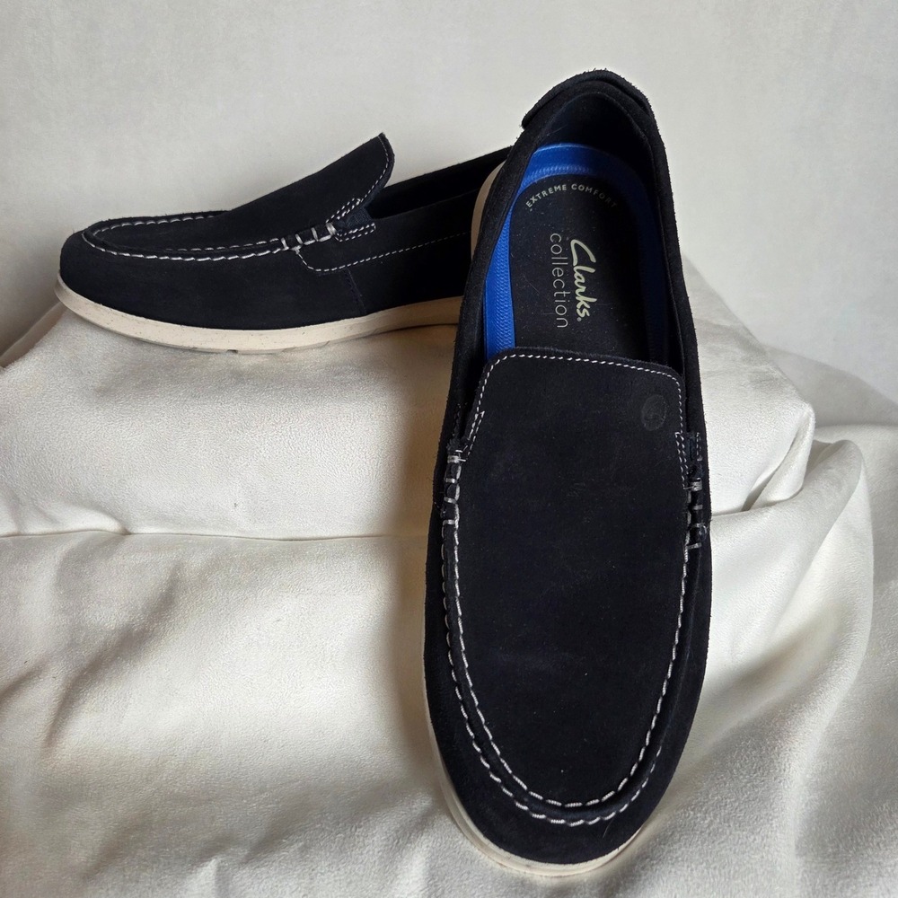 Clarks Collection Mens Navy Blue Suede Loafers Shoes Nautical Coastal Preppy